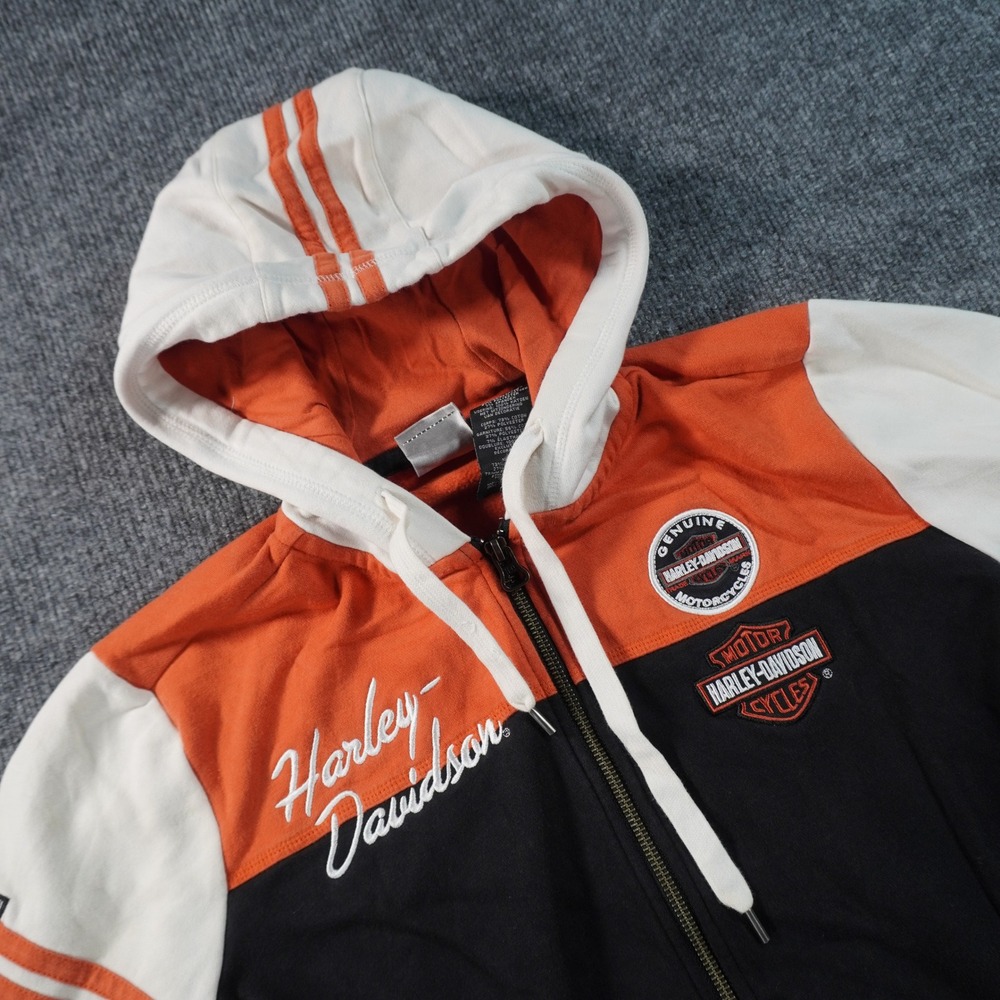 Harley-Davidson Zip Up Hoodie Women XL Black Orange Colorblock Embroidered Patch